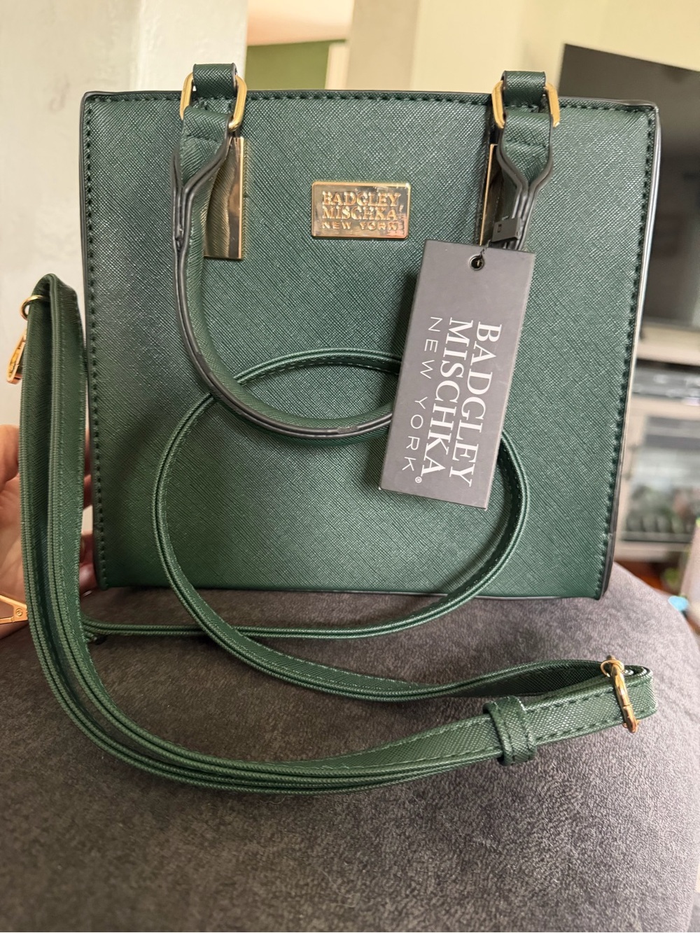 Badgley Mischka Forest Green Mini Satchel with Gold Hardware